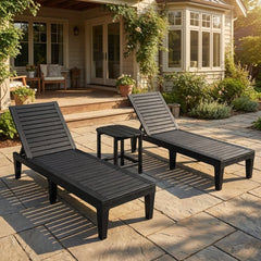 3 Piece Outdoor Lounge Set, Two Slatted Recliners and an HDPE Side Table