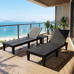 3 Piece Outdoor Lounge Set, Two Slatted Recliners and an HDPE Side Table