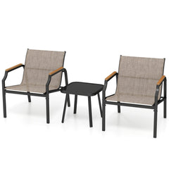 3 Piece Outdoor Chair Set, 2 Sling Armchairs with 21.5 in Wide Seats Rated 330 lb and 17.5 in Black Tempered Glass Table, Brown