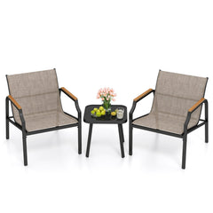 3 Piece Outdoor Chair Set, 2 Sling Armchairs with 21.5 in Wide Seats Rated 330 lb and 17.5 in Black Tempered Glass Table, Brown