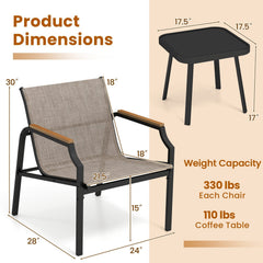 3 Piece Outdoor Chair Set, 2 Sling Armchairs with 21.5 in Wide Seats Rated 330 lb and 17.5 in Black Tempered Glass Table, Brown