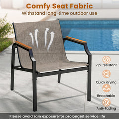 3 Piece Outdoor Chair Set, 2 Sling Armchairs with 21.5 in Wide Seats Rated 330 lb and 17.5 in Black Tempered Glass Table, Brown