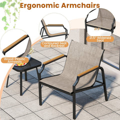 3 Piece Outdoor Chair Set, 2 Sling Armchairs with 21.5 in Wide Seats Rated 330 lb and 17.5 in Black Tempered Glass Table, Brown