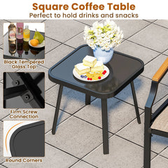 3 Piece Outdoor Chair Set, 2 Sling Armchairs with 21.5 in Wide Seats Rated 330 lb and 17.5 in Black Tempered Glass Table, Brown