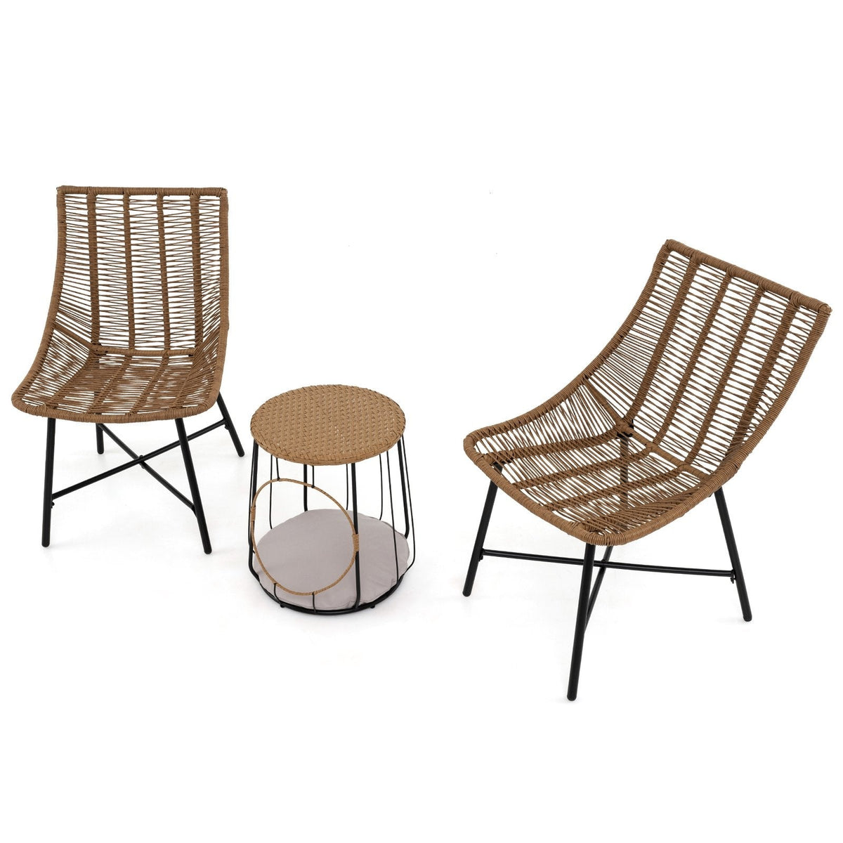 3 Piece Outdoor Rattan Chair Set with 2 in 1 Pet House Side Table, 2 Chairs Rated 360 lb and Removable Round Pet Cushion, Light Brown