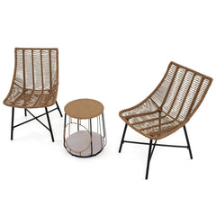 3 Piece Outdoor Rattan Chair Set with 2 in 1 Pet House Side Table, 2 Chairs Rated 360 lb and Removable Round Pet Cushion, Light Brown