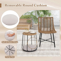 3 Piece Outdoor Rattan Chair Set with 2 in 1 Pet House Side Table, 2 Chairs Rated 360 lb and Removable Round Pet Cushion, Light Brown