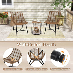 3 Piece Outdoor Rattan Chair Set with 2 in 1 Pet House Side Table, 2 Chairs Rated 360 lb and Removable Round Pet Cushion, Light Brown