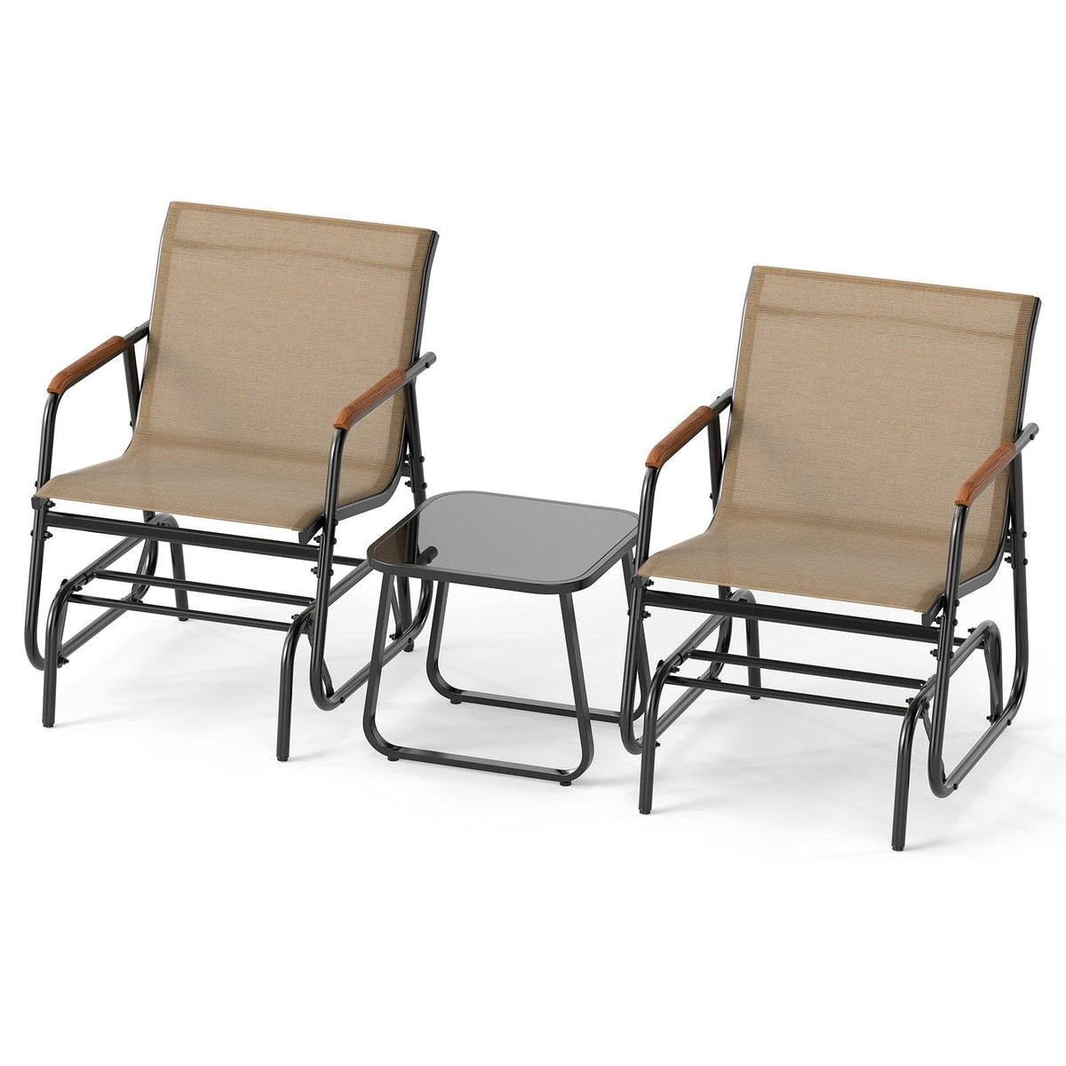 3 Piece Patio Glider Bistro Set, 2 Coffee Sling Glider Chairs Rated 330 lb with Teak Armrests and a Glass Top Side Table