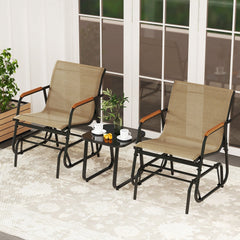 3 Piece Patio Glider Bistro Set, 2 Coffee Sling Glider Chairs Rated 330 lb with Teak Armrests and a Glass Top Side Table