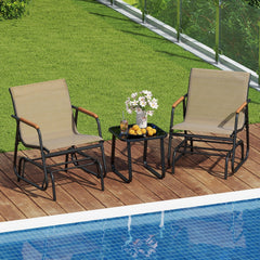 3 Piece Patio Glider Bistro Set, 2 Coffee Sling Glider Chairs Rated 330 lb with Teak Armrests and a Glass Top Side Table