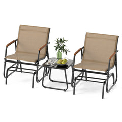 3 Piece Patio Glider Bistro Set, 2 Coffee Sling Glider Chairs Rated 330 lb with Teak Armrests and a Glass Top Side Table