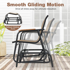 3 Piece Patio Glider Bistro Set, 2 Coffee Sling Glider Chairs Rated 330 lb with Teak Armrests and a Glass Top Side Table