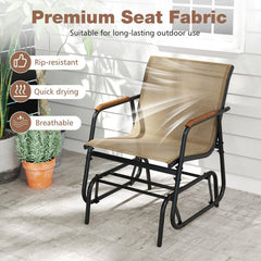 3 Piece Patio Glider Bistro Set, 2 Coffee Sling Glider Chairs Rated 330 lb with Teak Armrests and a Glass Top Side Table