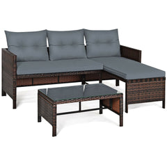 3 Piece L Shaped Patio Wicker Sofa Set with Corner Chaise, Grey Cushions and a 31.5 in Glass Top Coffee Table