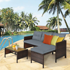 3 Piece L Shaped Patio Wicker Sofa Set with Corner Chaise, Grey Cushions and a 31.5 in Glass Top Coffee Table