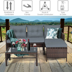 3 Piece L Shaped Patio Wicker Sofa Set with Corner Chaise, Grey Cushions and a 31.5 in Glass Top Coffee Table