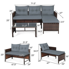 3 Piece L Shaped Patio Wicker Sofa Set with Corner Chaise, Grey Cushions and a 31.5 in Glass Top Coffee Table