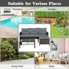 3 Piece L Shaped Patio Wicker Sofa Set with Corner Chaise, Grey Cushions and a 31.5 in Glass Top Coffee Table