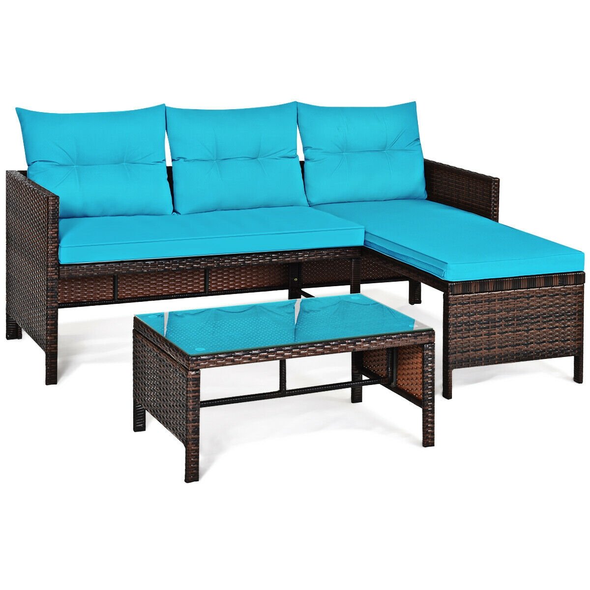 3 Piece L Shaped Patio Wicker Sofa Set with Corner Chaise, Turquoise Cushions and a 31.5 in Glass Top Coffee Table