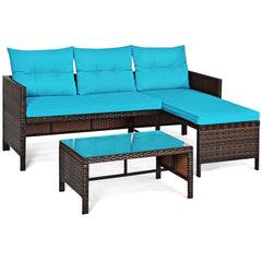 3 Piece L Shaped Patio Wicker Sofa Set with Corner Chaise, Turquoise Cushions and a 31.5 in Glass Top Coffee Table