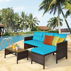 3 Piece L Shaped Patio Wicker Sofa Set with Corner Chaise, Turquoise Cushions and a 31.5 in Glass Top Coffee Table