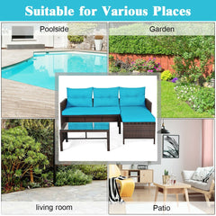3 Piece L Shaped Patio Wicker Sofa Set with Corner Chaise, Turquoise Cushions and a 31.5 in Glass Top Coffee Table