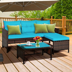 3 Piece L Shaped Patio Wicker Sofa Set with Corner Chaise, Turquoise Cushions and a 31.5 in Glass Top Coffee Table