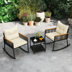 3 Piece Outdoor PE Rattan Rocking Bistro Set with Acacia Armrests and 2 Tier Tempered Glass Table, Cream Cushions