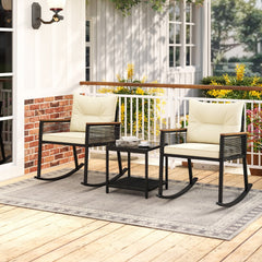 3 Piece Outdoor PE Rattan Rocking Bistro Set with Acacia Armrests and 2 Tier Tempered Glass Table, Cream Cushions