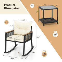 3 Piece Outdoor PE Rattan Rocking Bistro Set with Acacia Armrests and 2 Tier Tempered Glass Table, Cream Cushions