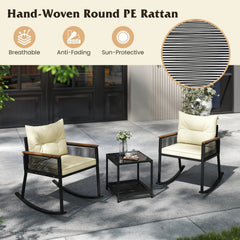 3 Piece Outdoor PE Rattan Rocking Bistro Set with Acacia Armrests and 2 Tier Tempered Glass Table, Cream Cushions