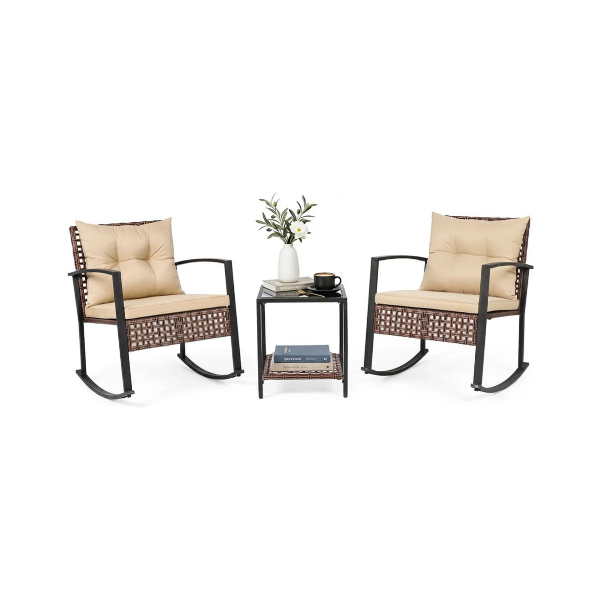 3 Piece Outdoor Rocking Chair Set, 2 Brown Wicker Rockers with Beige Cushions and a 2 Tier Glass Top Side Table