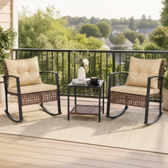 3 Piece Outdoor Rocking Chair Set, 2 Brown Wicker Rockers with Beige Cushions and a 2 Tier Glass Top Side Table