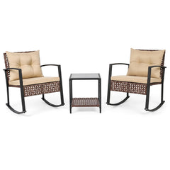 3 Piece Outdoor Rocking Chair Set, 2 Brown Wicker Rockers with Beige Cushions and a 2 Tier Glass Top Side Table