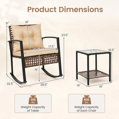 3 Piece Outdoor Rocking Chair Set, 2 Brown Wicker Rockers with Beige Cushions and a 2 Tier Glass Top Side Table