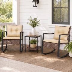 3 Piece Outdoor Rocking Chair Set, 2 Brown Wicker Rockers with Beige Cushions and a 2 Tier Glass Top Side Table