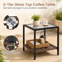 3 Piece Outdoor Rocking Chair Set, 2 Brown Wicker Rockers with Beige Cushions and a 2 Tier Glass Top Side Table