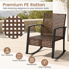 3 Piece Outdoor Rocking Chair Set, 2 Brown Wicker Rockers with Beige Cushions and a 2 Tier Glass Top Side Table
