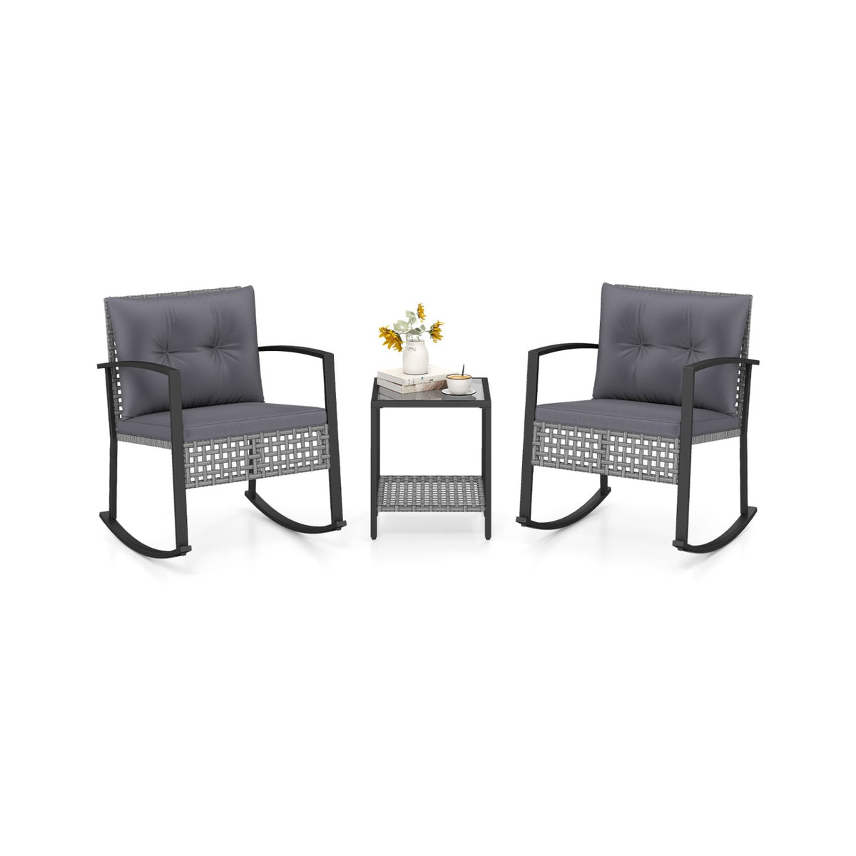 3-Piece Outdoor Rocking Chair Set for Garden-Gray