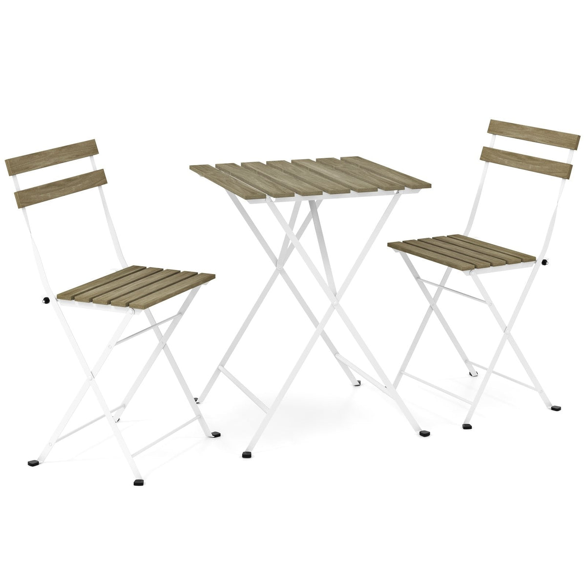 3 Piece Grey Wash Acacia Bistro Set, 21.5 Inch Slatted Square Table and 2 Folding Chairs on a White Metal Frame