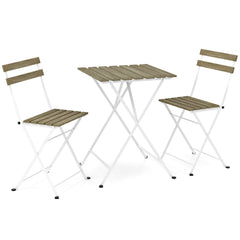 3 Piece Grey Wash Acacia Bistro Set, 21.5 Inch Slatted Square Table and 2 Folding Chairs on a White Metal Frame