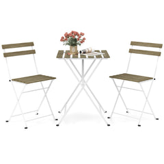 3 Piece Grey Wash Acacia Bistro Set, 21.5 Inch Slatted Square Table and 2 Folding Chairs on a White Metal Frame