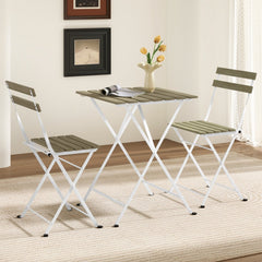 3 Piece Grey Wash Acacia Bistro Set, 21.5 Inch Slatted Square Table and 2 Folding Chairs on a White Metal Frame