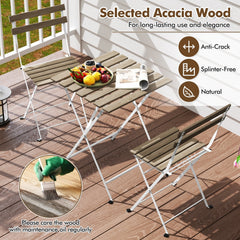 3 Piece Grey Wash Acacia Bistro Set, 21.5 Inch Slatted Square Table and 2 Folding Chairs on a White Metal Frame