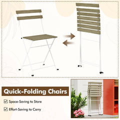 3 Piece Grey Wash Acacia Bistro Set, 21.5 Inch Slatted Square Table and 2 Folding Chairs on a White Metal Frame