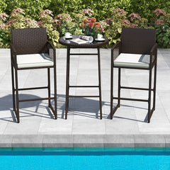 3 Piece Patio Bar Set Outdoor Wicker Bar Height Table and Armchairs-White