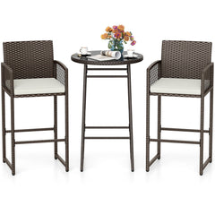 3 Piece Patio Bar Set Outdoor Wicker Bar Height Table and Armchairs-White