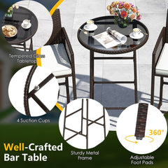 3 Piece Patio Bar Set Outdoor Wicker Bar Height Table and Armchairs-White