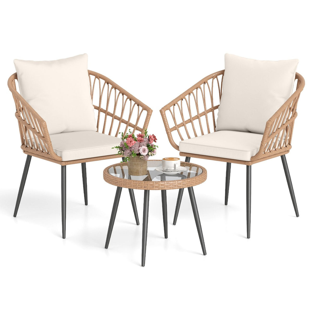 3 Piece Patio Bistro Set, 2 Hand Woven Rattan Armchairs Rated 400 lb with Cream Cushions and 16.5 in Round Tempered Glass Table